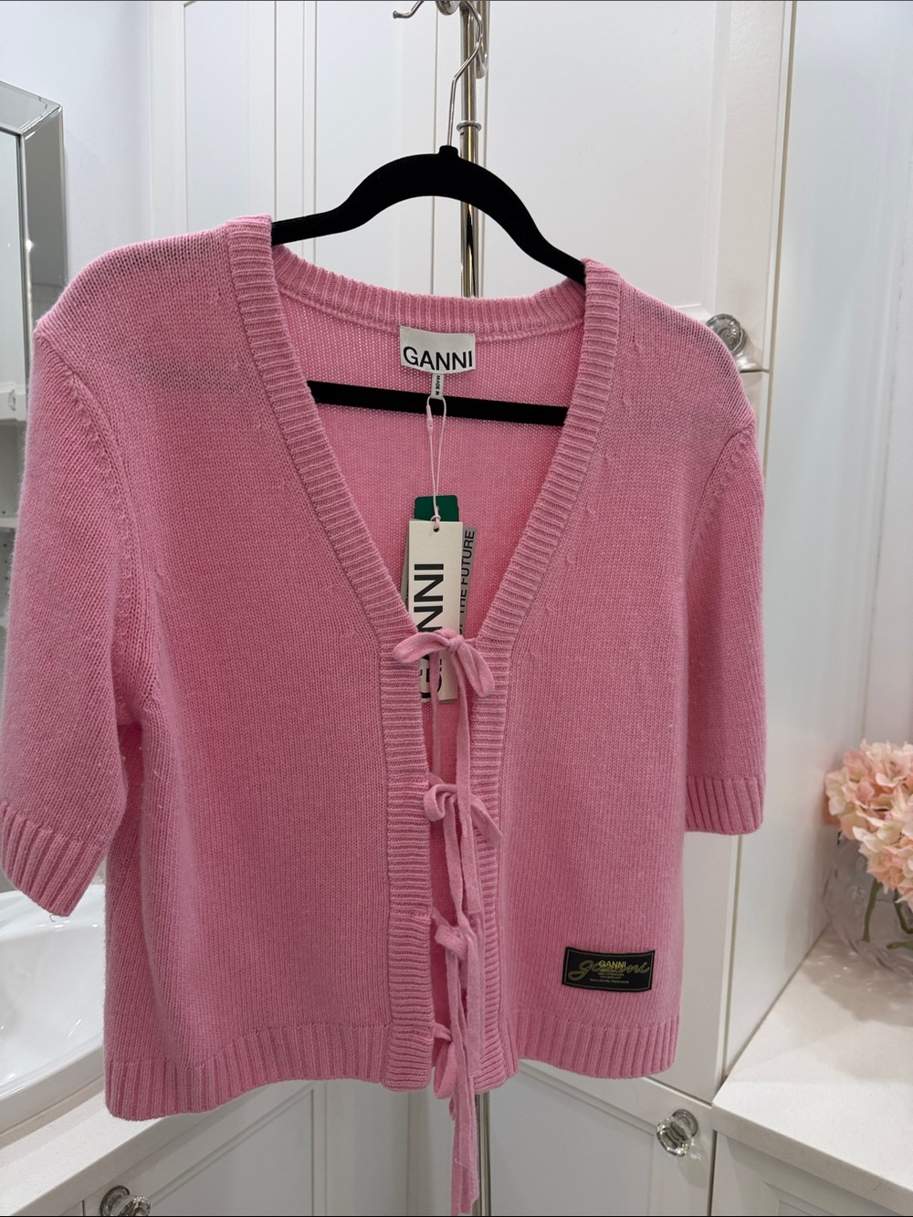 Ganni Pink Tie-Front V-Neck Short Sleeve Cardigan
